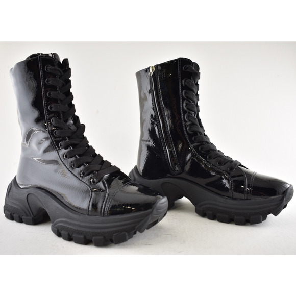 Miu Miu Naplak Tech Black Patent Leather Platform Lace Up Combat Moto Boot 36.5 - Picture 4 of 15